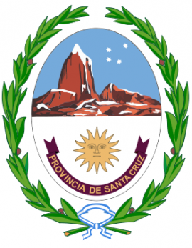 En el escudo se ve un ovalo vertical rodeado de laureles que cotiene el dibujo de un sol y de unos cerros nevados junto al nombre de la provincia de Santa Cruz