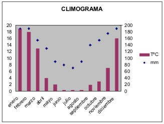 Climograma de la ciudad de Salta, que muestra que las mayores precipitaciones coinciden con los meses de verano, de temperatura más elevada