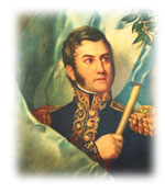 Retrato de San Martín, a quien se ve envuelto en la bandera argentina
