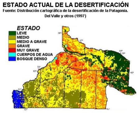Mapa donde se ilustra el estado de desertificación de los suelos en la provincia de Río Negro