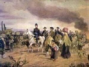 Belgrano a caballo al frente de la población, que lo sigue a pie durante el éxodo jujeño, en una pintura de época