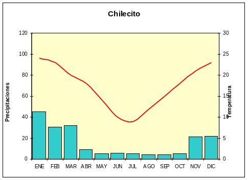 Climograma de Chilecito, con picos de precipitaciones y temperaturas en los meses de verano