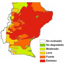 Mapa que ilustra el nivel de degradación de las tierras en la provincia de Santa Cruz, con clara predominancia de tierras degradadas en extremo