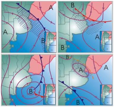 Cuatro mapas en los que se esquematizan mediante líneas de frentes ventosos cuatro escenarios meteorológicos: frente frío, frente cálido, onda frontal y línea de inestabilidad