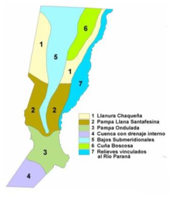 Mapa de la provincia de Santa Fe donde se representan las distintas regiones naturales 