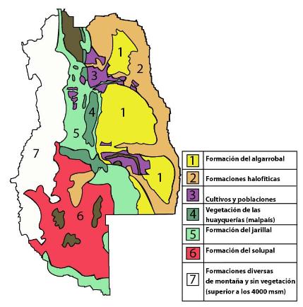 Mapa donde se representa la distribución de los distintos tipos de formaciones vegetales en el territorio provincial