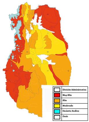 mapa que representa el grado de peligro de desertificación en la provincia
