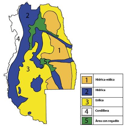 Mapa donde se ven las áreas afectadas por diferentes tipos de erosión