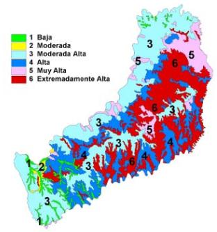 Mapa que muestra el grado de erosión hídrica potencial en el territorio misionero 