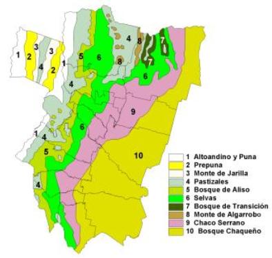 Mapa que muestra con distintos colores las subregiones fitogeográficas de las distintas ecorregiones de la provincia