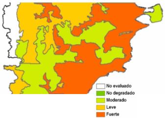 Mapa que ilustra el grado de degradación de los suelos en la provincia de Chubut