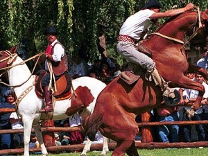 Jinetes a caballo exhiben habilidades campestres