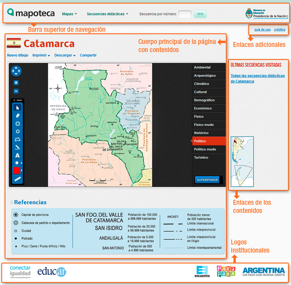 pantalla de la Mapoteca con sus distintas secciones