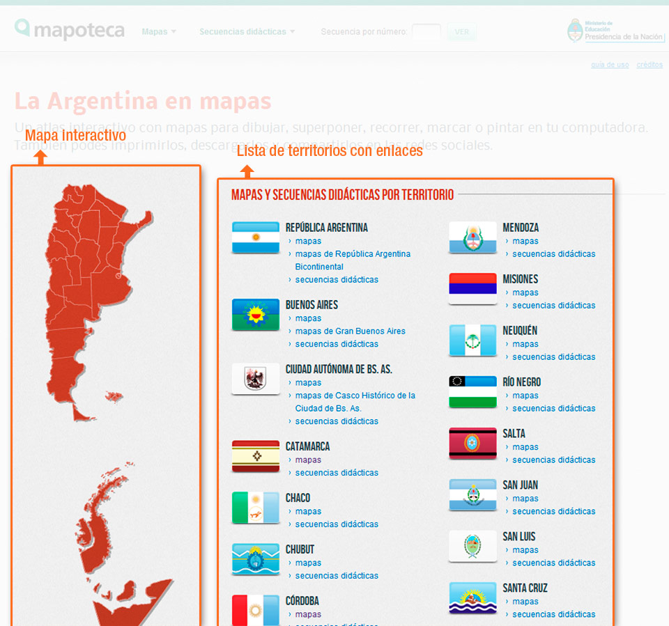 Página de inicio de la Mapoteca y dos bloques, ek mapa interactivo y la lista de territorios con banderas y enlaces