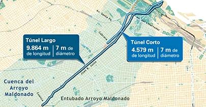 Trazado del Arroyo Maldonado en el mapa de la ciudad; coloreada, el área afectada por los desbordes del curso de agua